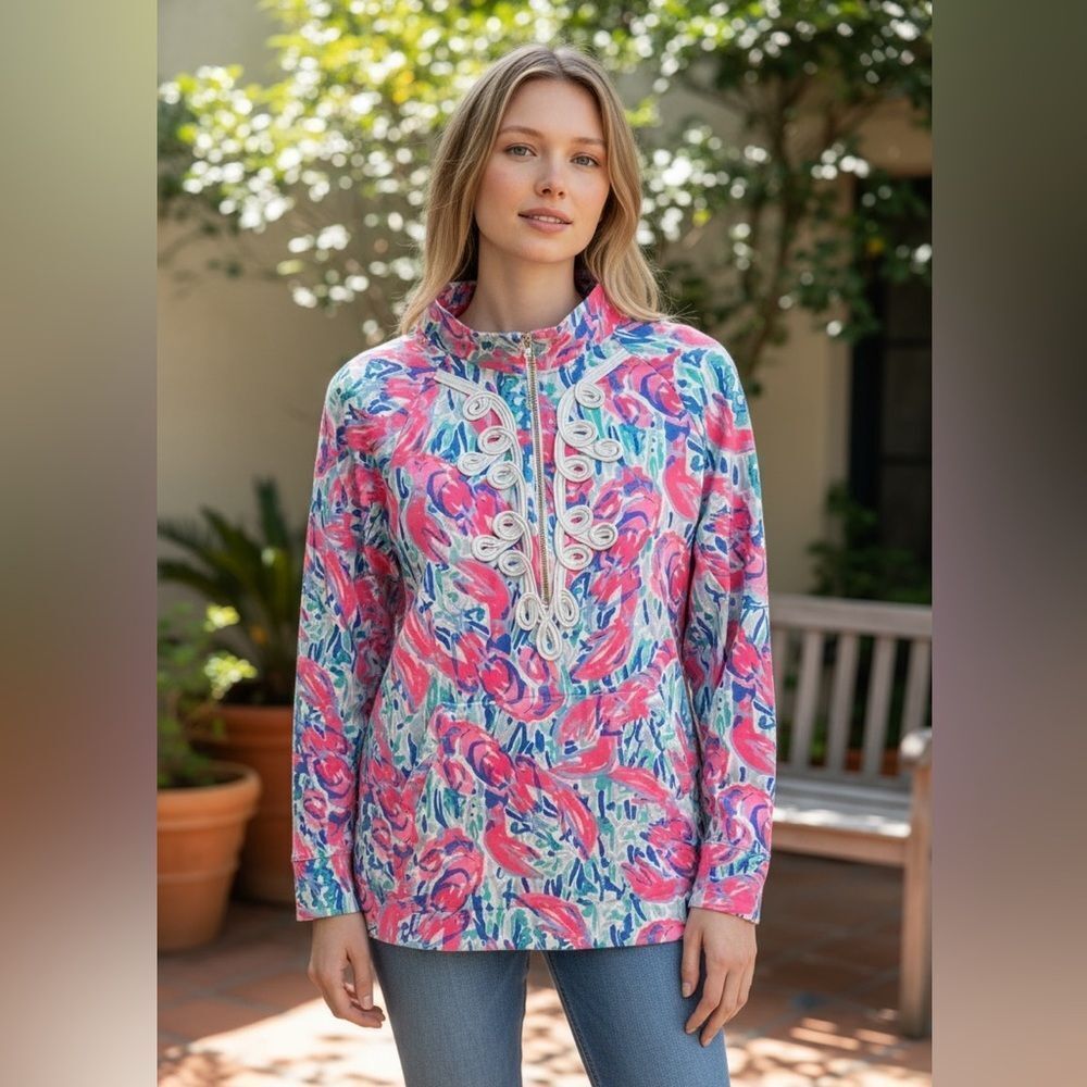 Lilly Pulitzer Coral Cracked Up Skipper Popover with Pink and Blue Patterns